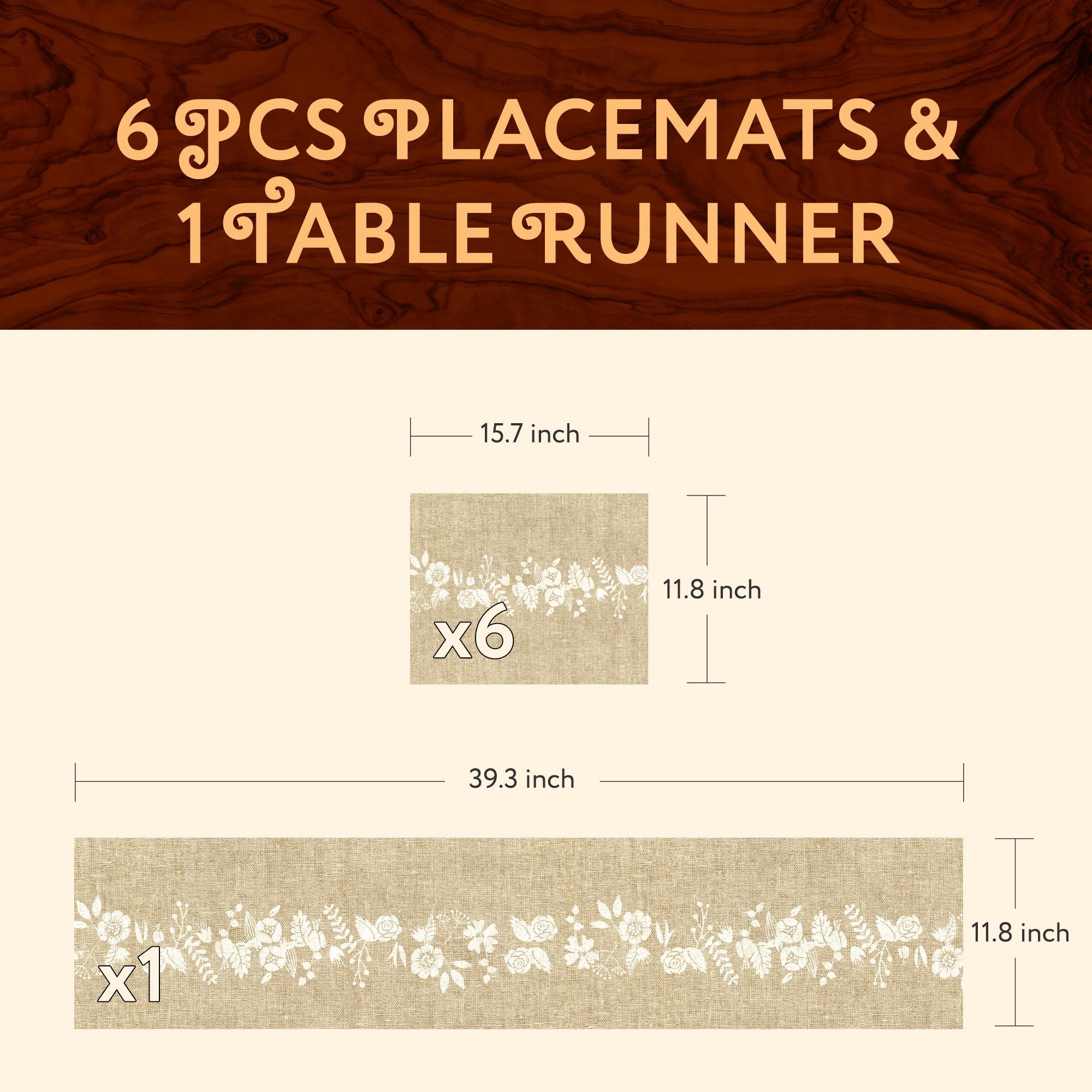 1 TABLE RUNNER + 6 PLACEMATS SET (JUTE AND FLOWER)