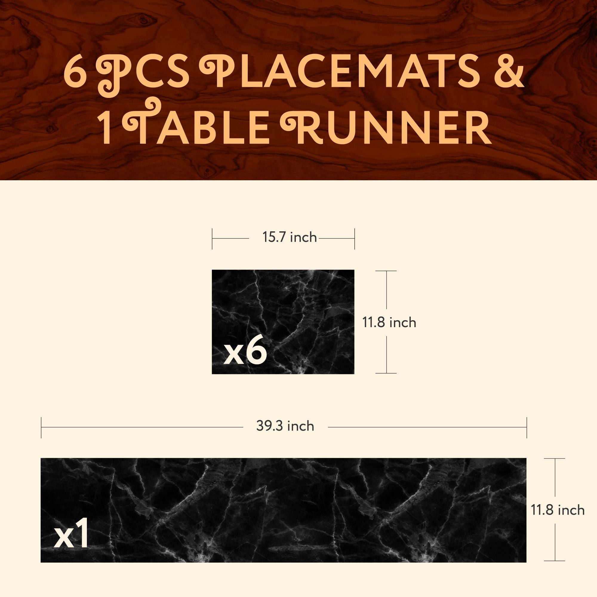 1 TABLE RUNNER + 6 PLACEMATS SET (BLACK MARBLE)