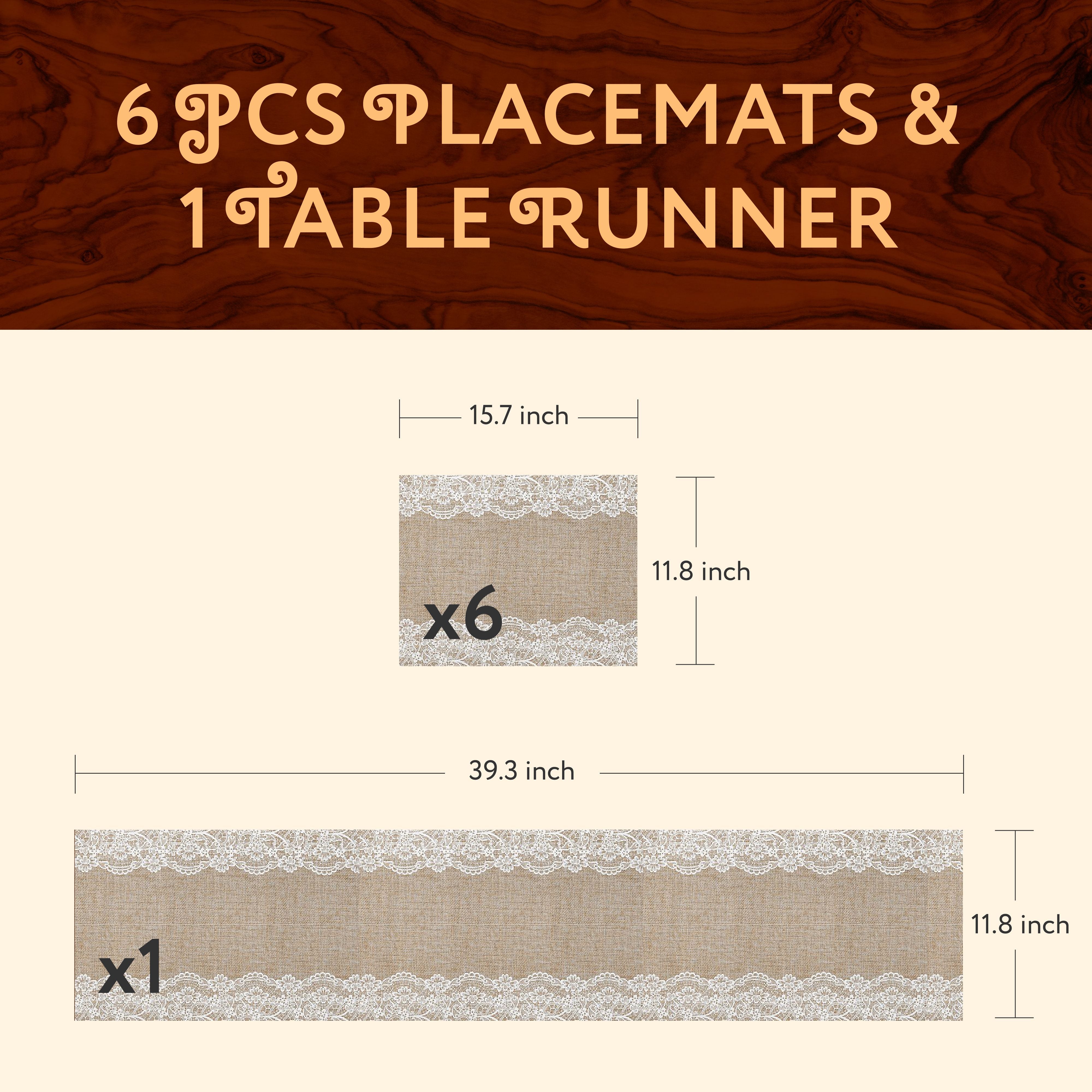 1 TABLE RUNNER + 6 PLACEMATS SET (JUTE AND LACE)